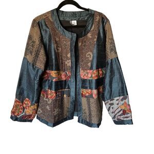 ANU Size L Silk Wool Blend Colorful Patchwork Art to Wear Boxy Lightweight Coat